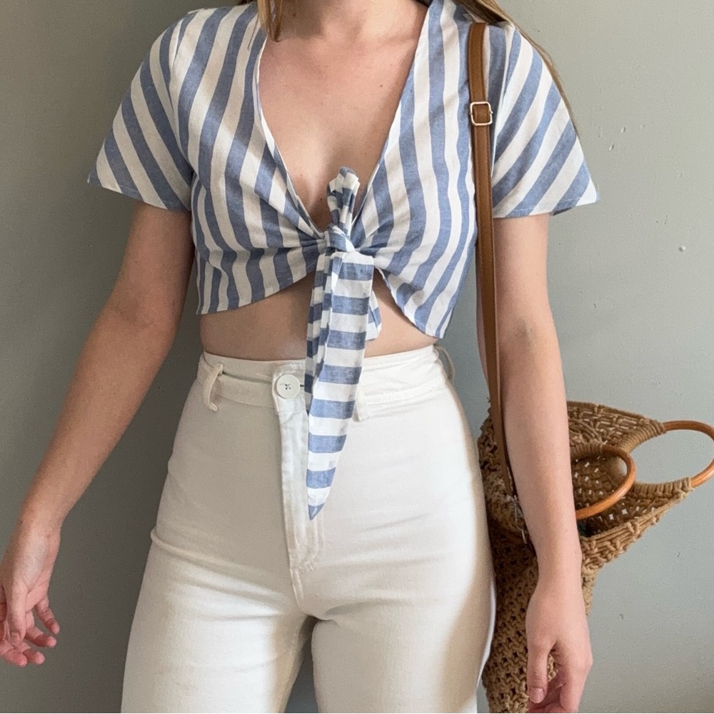 SHEIN Nautical Front Tie Stripe Blouse Top - Picture 5 of 5